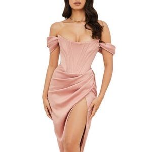 HOUSE OF CB LORETTA TOFFEE SATIN OFF SHOULDER DRESS